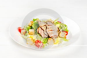 Caesar salad with chicken and fresh herbs in a white plate