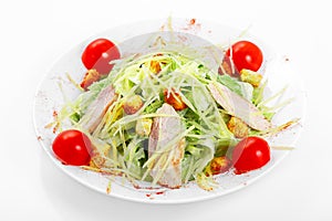 Caesar salad with chicken, iceberg lettuce, parmesan cheese, Caesar dressing