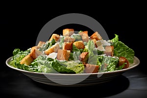 Caesar salad with grilled chicken, croutons, quail eggs and cherry tomatoes on wooden rustic table. Neural network AI
