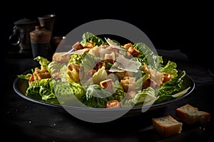 Caesar salad with grilled chicken, croutons, quail eggs and cherry tomatoes on wooden rustic table. Neural network AI