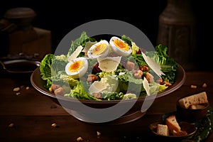 Caesar salad with grilled chicken, croutons, quail eggs and cherry tomatoes on wooden rustic table. Neural network AI