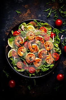 Caesar salad with grilled shrimp on a dark background, top view. Photo for the menu