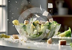 Caesar salad ingredients falling into bowl