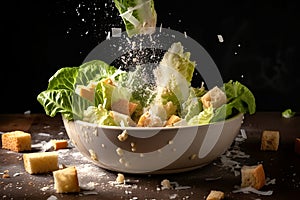 Caesar salad ingredients falling into bowl