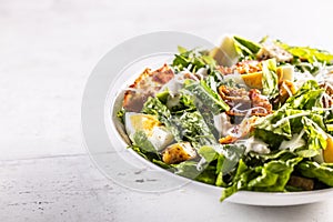 Caesar salad prepared from romaine lettuce, baked bacon, egg, bread croutons, garlic dressing and grated Parmesan cheese.