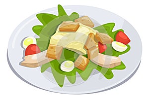 Caesar salad on white plate. Classic tasty dish
