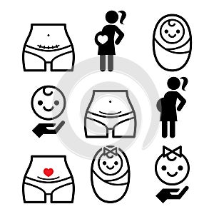 Caesarean section, c-section, pregnant woman, baby icons set
