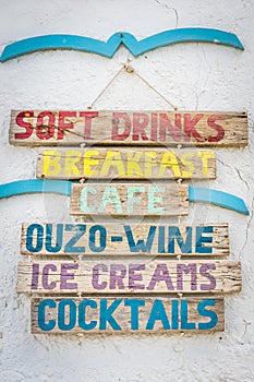 Cafe advertising sign in Mesochori village in Greece