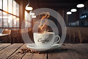 Cafe ambiance blank white coffee cup mockup with caf?? background photo