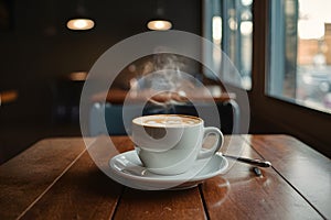 Cafe ambiance coffee cup on wooden table in cozy atmosphere