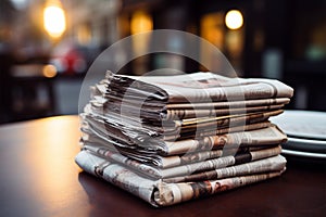 Cafe ambiance newspapers neatly stacked on a table for perusal