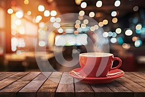 Cafe ambiance wooden table against blurred bokeh background