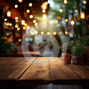 Cafe atmosphere Wood table on blur of restaurant lights