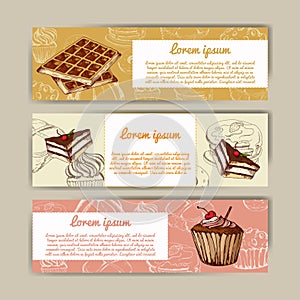 Cafe banners with hand drawn design. Dessert restaurant menu template. Set of cards for corporate identity. Vector illustration.