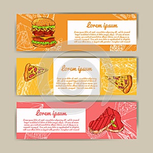 Cafe banners with hand drawn design. Fast food restaurant menu template. Set of cards for corporate identity. Vector