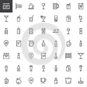 Cafe, bar drinks and beverages line icons set