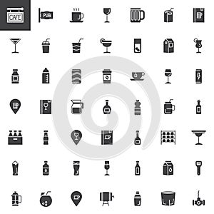 Cafe, bar drinks and beverages vector icons set