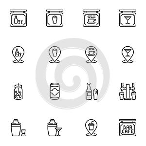 Cafe bar related line icons set