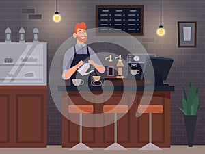 Cafe. Bar or restaurant interior barista preparing coffee cappuccino exact vector cartoon background illustration photo