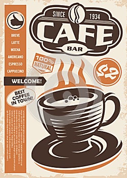 Cafe bar retro ad with coffee cup and menu list photo