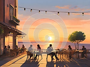 Cafe on the beach at sunset