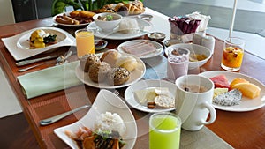 Cafe Breakfast Concept, Coffee Cup, Food Dishes Table, Set of Luncheon Food