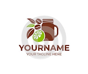 Cafe, caffe with mason jar, lime, lemon, coffee beans and leaves, logo template. Fast food and drink, natural and organic products