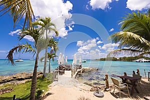 Cafe on the coast of the Caribbean sea, Bayahibe, La Altagracia, Dominican Republic. Copy space for text.