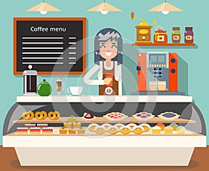 Cafe coffee shop woman business interior female seller bakery taste sweets flat design vector illustration