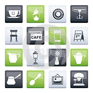 Cafe and coffeehouse icons over color background