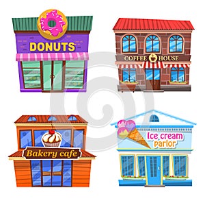 Cafe collection, donuts, coffee house, bakery cafe, ice cream parlor, different public places
