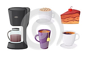 Cafe dessert and resttaurant menu sweet food vector set. Cartoon coffee and tea icons. Coffee maker, percolator, tea cup