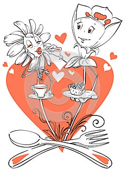 Cafe flowers conceptual drawing couple in love drinking coffee and eating dessert