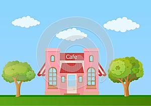 Cafe front view on nature background, illustration