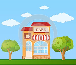 Cafe front view on nature background, illustration