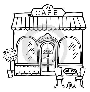 Cafe front view sketch. Street building facade