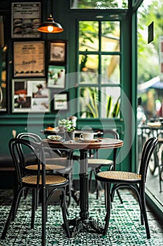 Cafe with green trim has several tables one of which is small round table with four chairs and cup and saucer on it