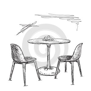 Cafe or kitchen interior. Table and chair sketch