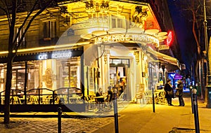 The cafe Le cepage Montmartrois at night, Paris, France