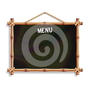 Cafe Menu Board With Bamboo Frame. Isolated On White Background. Realistic Black Empty Signboard Chalkboard Hanging. Vector Illust