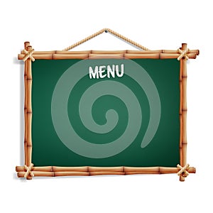 Cafe Menu Board. Isolated On White Background. Realistic Green Chalkboard With Wooden Frame Hanging. Vector Illustration