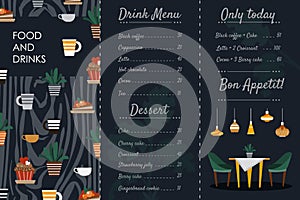 Cafe menu brochure flyer vector illustration, cartoon flat design template of hot drink and food coffeehouse