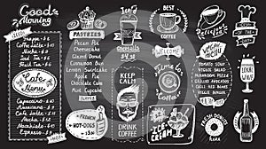 Cafe menu chalkboard design set, hand drawn line graphic illustration with pastries and drinks, vegan menu, coffee and tea symbols