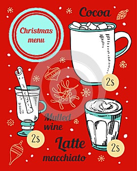 Cafe menu Christmas specials design template. Hand drawn vector sketch illustration with different hot drinks, New Year