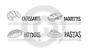 Cafe menu with croissant, hot dog, baguette, and plate of pasta. Food theme. Hand drawn vector design