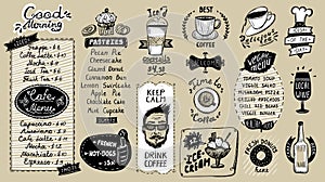 Cafe menu list, hand drawn doodle graphic illustration with pastries and drinks, vegan menu, coffee and tea symbols, ice cream and