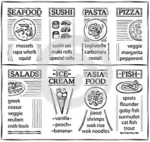 Cafe menu with seafood, sushi, pasta, pizza, salads, ice-cream, asia food and fish dish