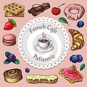 Cafe, patisserie or bakery banner, poster or background with pastries and desserts icons around cup of coffee on pink
