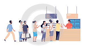 Cafe queue. People wait food, street food restaurant. Salad bar, men and women need food vector illustration