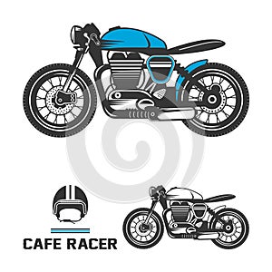 Cafe racer motorcycle with helmet. photo